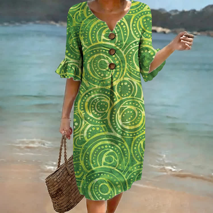 Green Abstract Circle Print Notched Collar Button Ruffled Half Midi Dress - Green - 4XL - image 1