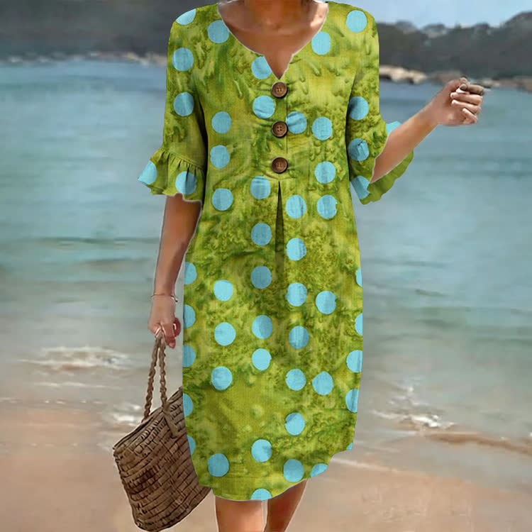 Green & Blue Polka Dot Print Notched Collar Button Ruffled Half Midi Dress - Green - 4XL - image 1