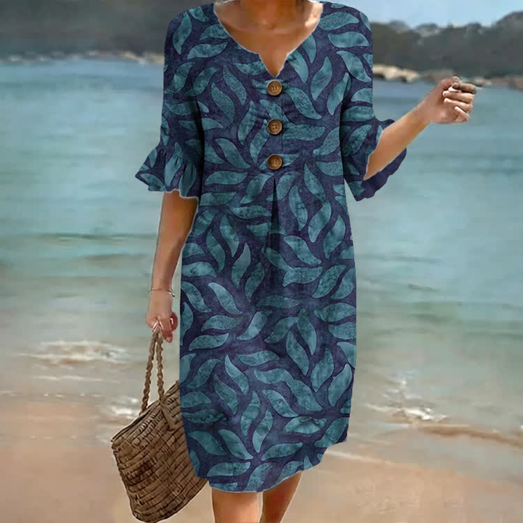 Navy Blue Leaf Print Notched Collar Button Ruffled Half Midi Dress - Navy Blue - 4XL - image 1