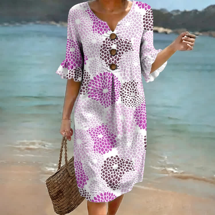 Purple Dahlia Floral Print Notched Collar Button Ruffled Half Midi Dress - Purple - 4XL - image 1