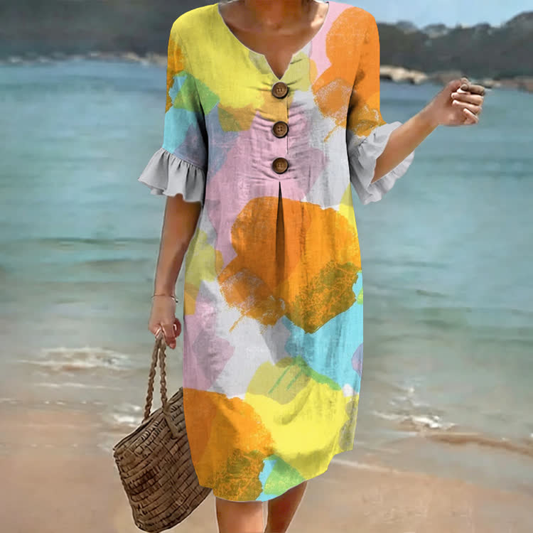 Boho Artistic Color Block Print Notched Collar Button Ruffled Half Midi Dress - Orange - 4XL - image 1