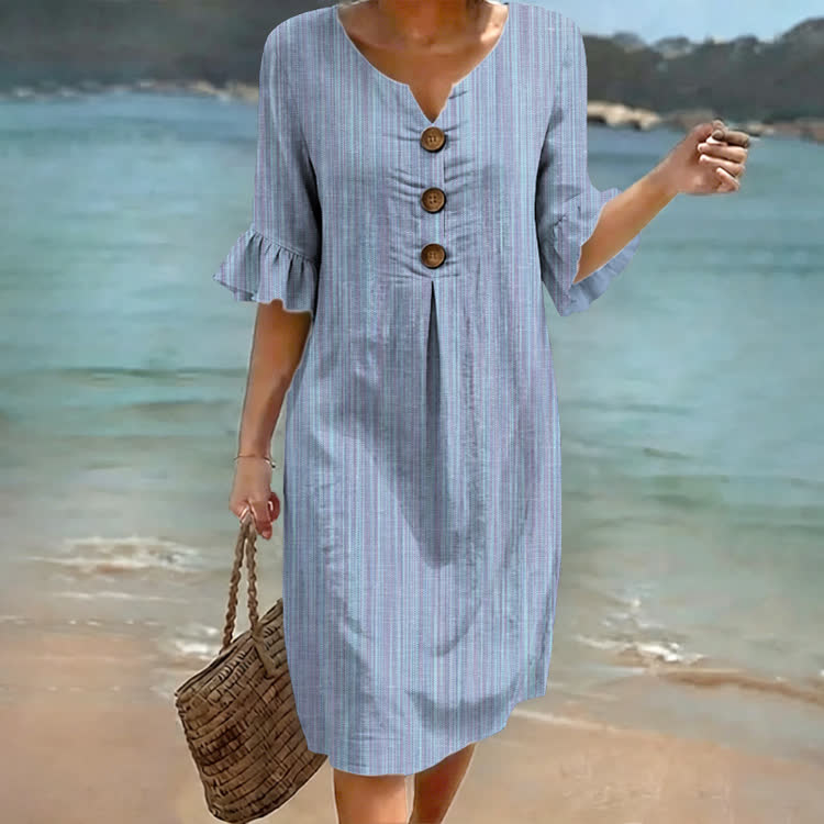 Geometric Vertical Stripes Print Notched Collar Button Ruffled Half Midi Dress - Light Blue - 4XL - image 1