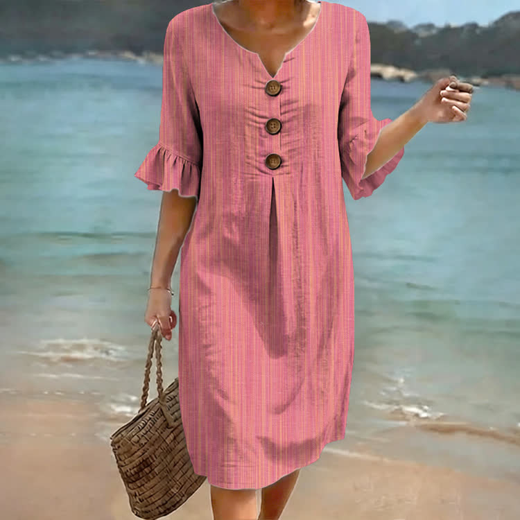 Geometric Vertical Stripes Print Notched Collar Button Ruffled Half Midi Dress - Pink - 4XL - image 2