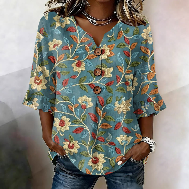 Boho Botanical Pattern Print Button V-neck Blouse With Ruffle Sleeves - Blue - US 22 (4XL) - image 1