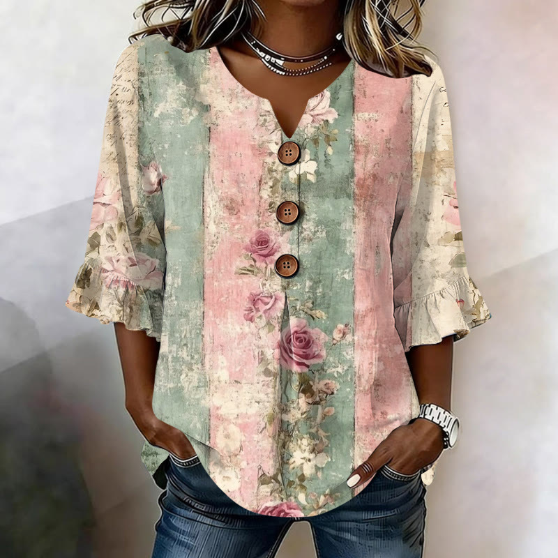 Vintage Rose Art Print Button V-neck Blouse With Ruffle Sleeves - Pink - US 22 (4XL) - image 1