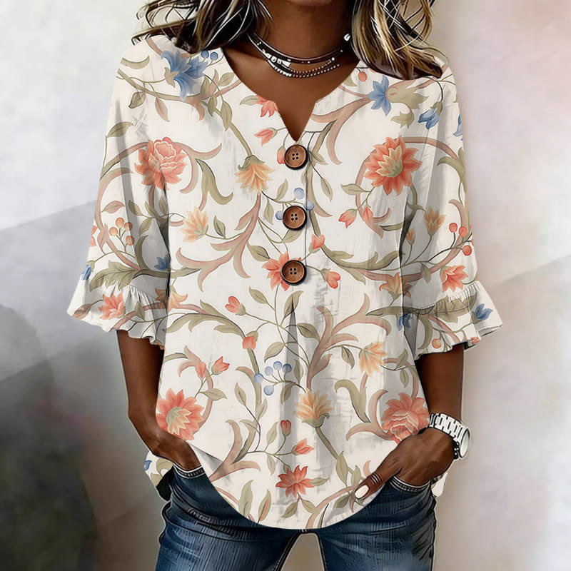 Vintage Pastel Floral Art Print Button V-neck Blouse With Ruffle Sleeves - Apricot - US 22 (4XL) - image 1