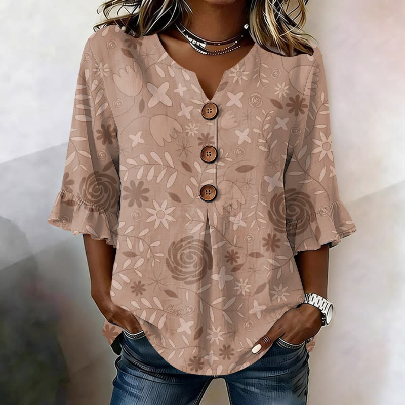 Boho Floral & Rose Art Print Button V-neck Blouse With Ruffle Sleeves - Khaki - US 22 (4XL) - image 1