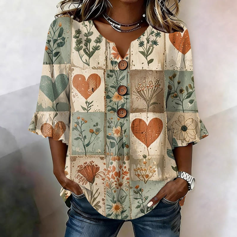Boho Botanical Grid Art Print Button V-neck Blouse With Ruffle Sleeves - Multicolor - US 22 (4XL) - image 1