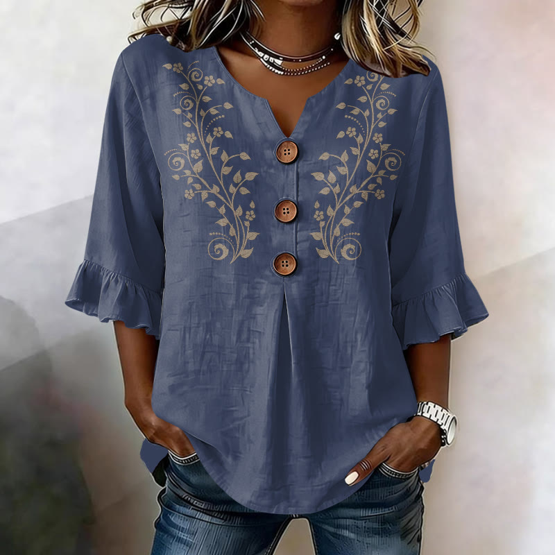 Everyday Casual Elegant Floral Art Print Button V-neck Blouse With Ruffle Sleeves - Navy Blue - US 22 (4XL) - image 2