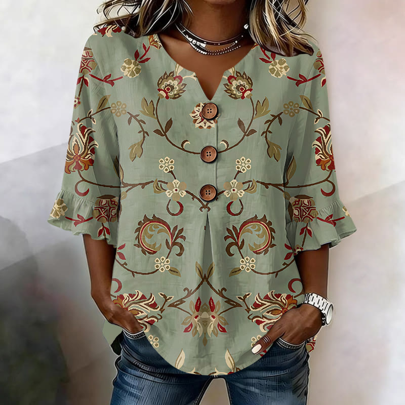 Vintage Paisley Floral Art Print Button V-neck Blouse With Ruffle Sleeves - Green - US 22 (4XL) - image 2