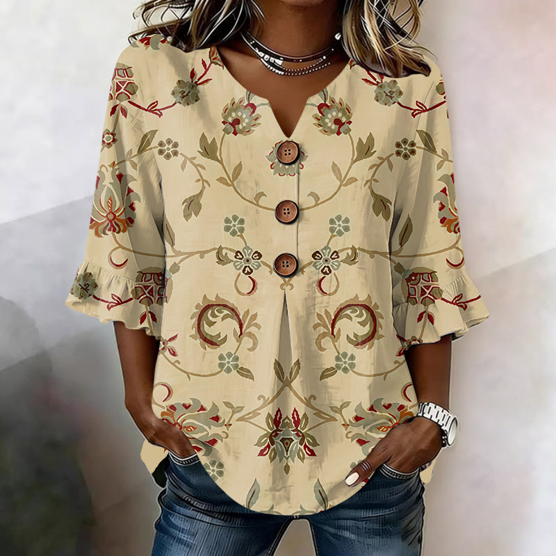 Vintage Paisley Floral Art Print Button V-neck Blouse With Ruffle Sleeves - Khaki - US 22 (4XL) - image 1