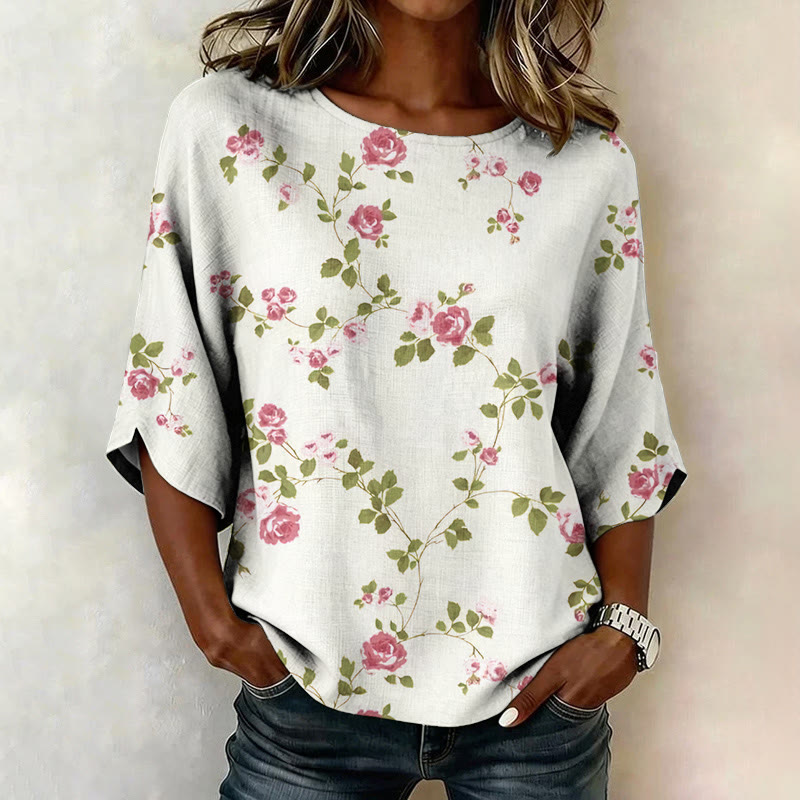 White Pink Rose Floral Print Half Sleeve Casual Blouse - White - US 28-30 (4XL) - image 1