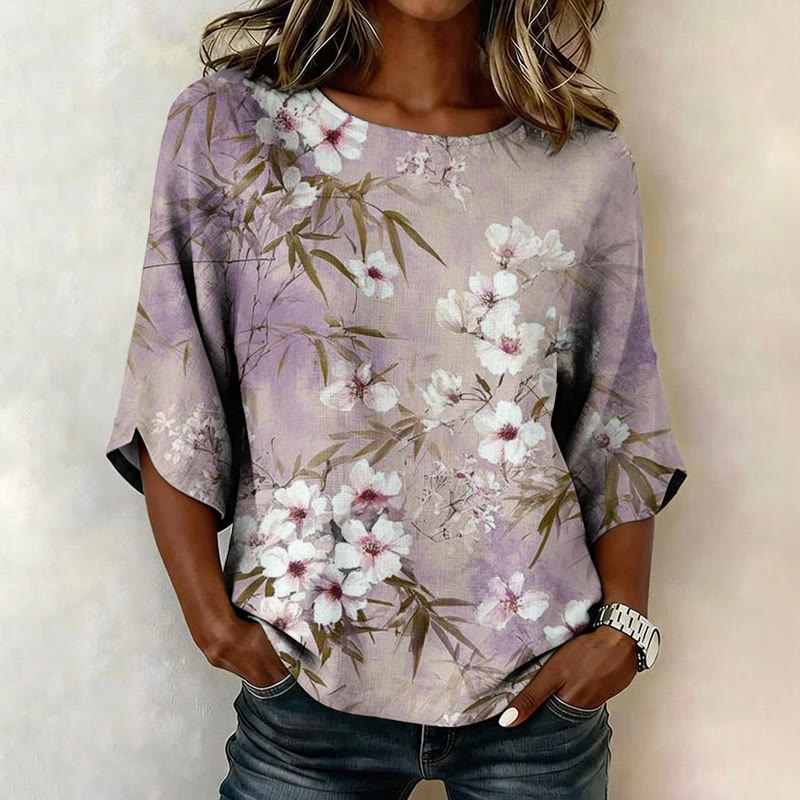 Boho Watercolor Floral & Bamboo Print Half Sleeve Casual Blouse - Purple - US 28-30 (4XL) - image 1