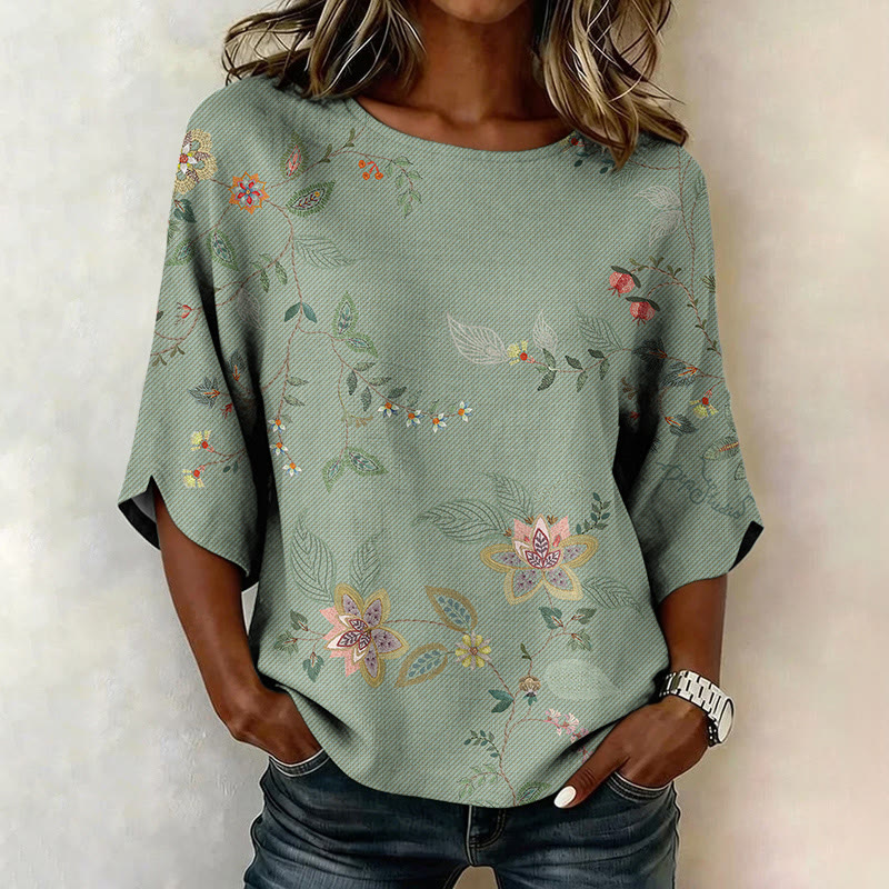Sage Green Floral Print Half Sleeve Casual Blouse - Green - US 28-30 (4XL) - image 1