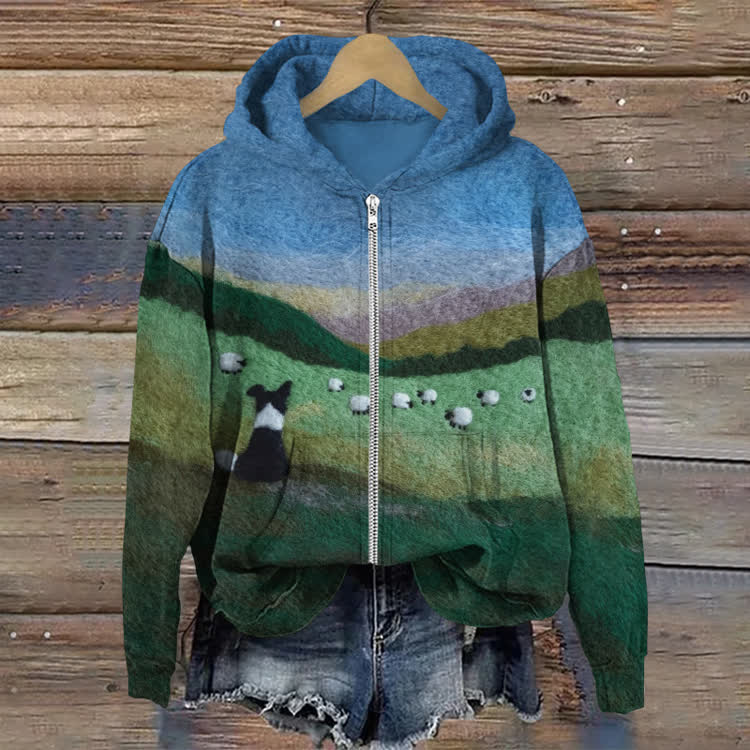 Grassland Sheep ＆ Pastoral Sheepdog Art Print Long Sleeve Zipper Hoodie - Multicolor - US28-30(4XL) - image 1