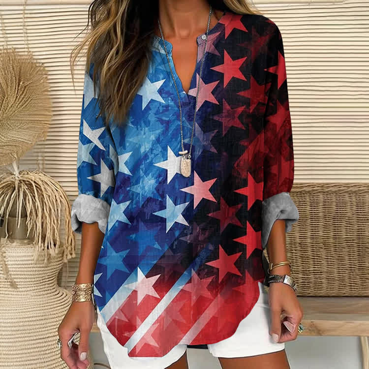 Independence Day Stars And Stripes Color-Block Gradient Pattern Print Short Sleeve Casual Blouse - Blue - US 30 (8XL) - image 1