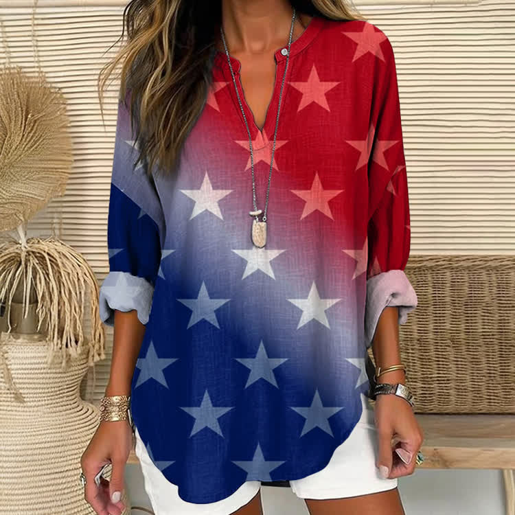 Independence Day Gradient Star Silhouettes Pattern Print Short Sleeve Casual Blouse - Blue - US 30 (8XL) - image 1