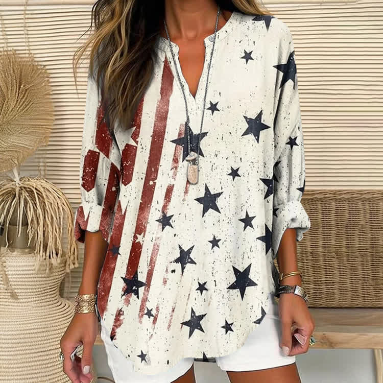 Independence Day Vintage Stars And Stripes Pattern Print Short Sleeve Casual Blouse - Apricot - US 30 (8XL) - image 1
