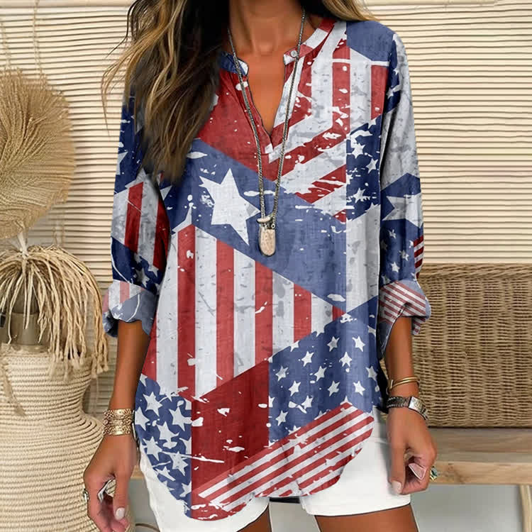 Independence Day Stars And Stripes Puzzle Pattern Print Short Sleeve Casual Blouse - Blue - US 30 (8XL) - image 1