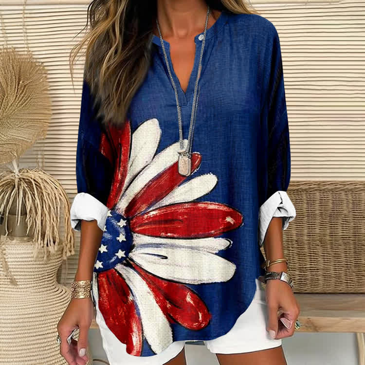 Independence Day Daisy Pattern Print Short Sleeve Casual Blouse - Navy Blue - US 30 (8XL) - image 1