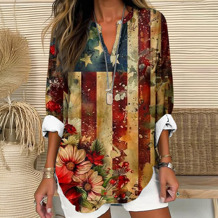 Vintage Independence Day Floral Flag Pattern Print Short Sleeve Casual Blouse - Khaki - US 30 (8XL) - image 1