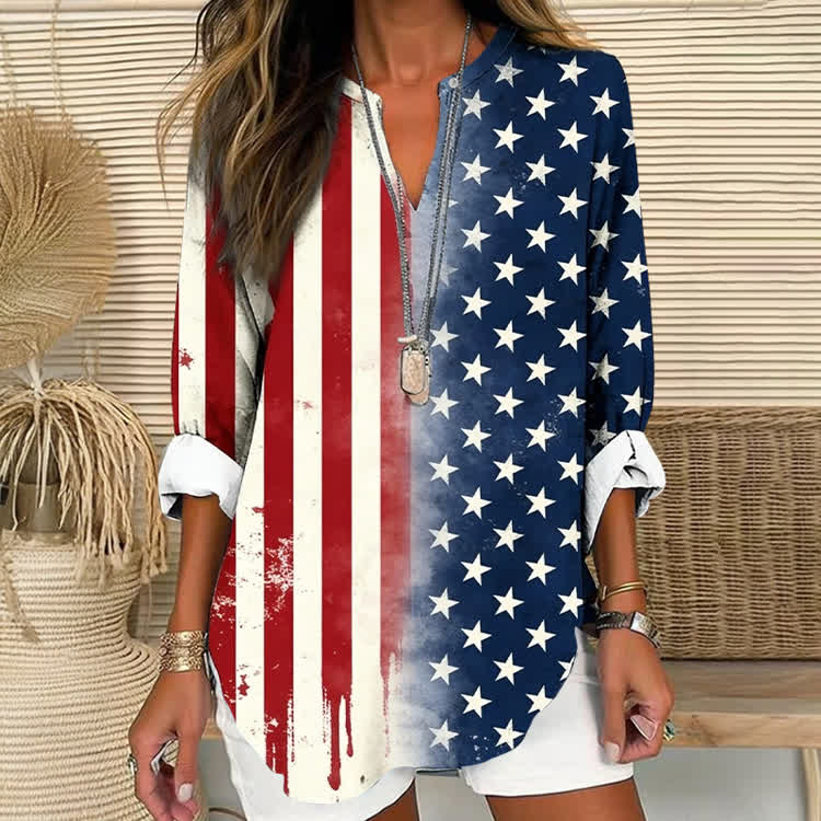 Independence Day Stars And Stripes Flag Pattern Print Short Sleeve Casual Blouse - White - US 30 (8XL) - image 1