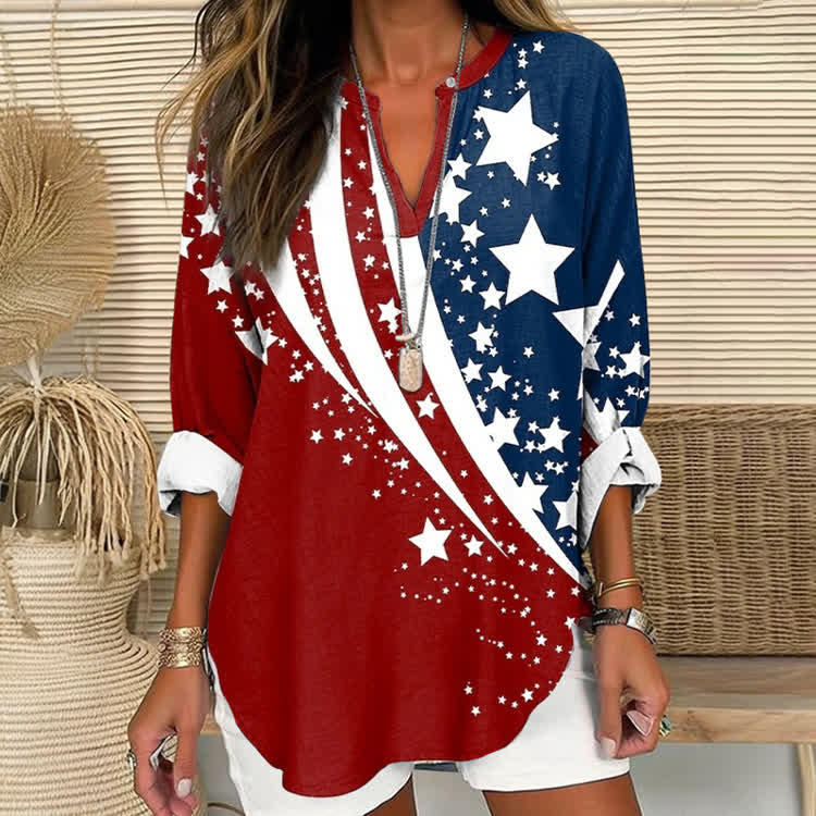 Independence Day Tricolor Meteor Flag Color Pattern Print Short Sleeve Casual Blouse - Red - US 30 (8XL) - image 1