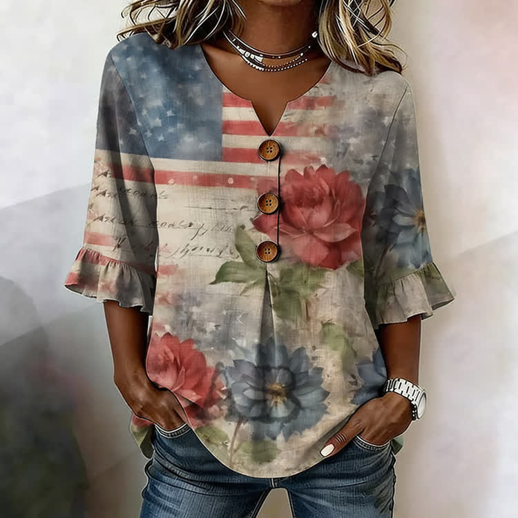Vintage Blue Red Floral Independence Day Flag Pattern Print Button V-Neck Blouse With Ruffle Sleeves - Apricot - US32-34(5XL) - image 1