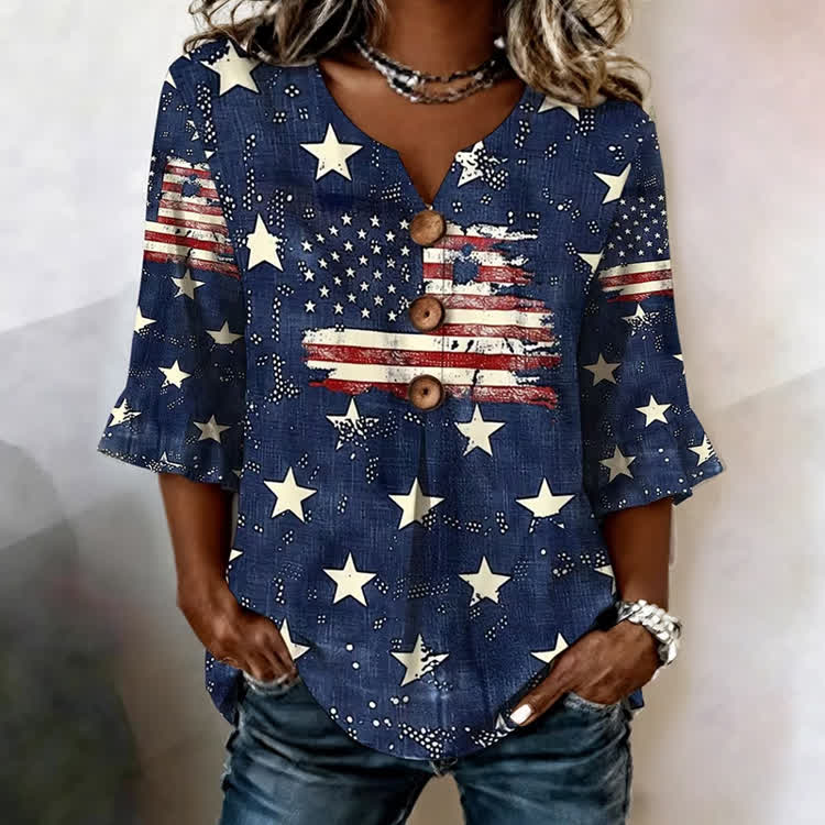 Independence Day Flag Stars Pattern Print Button V-Neck Blouse With Ruffle Sleeves - Blue - US32-34(5XL) - image 1