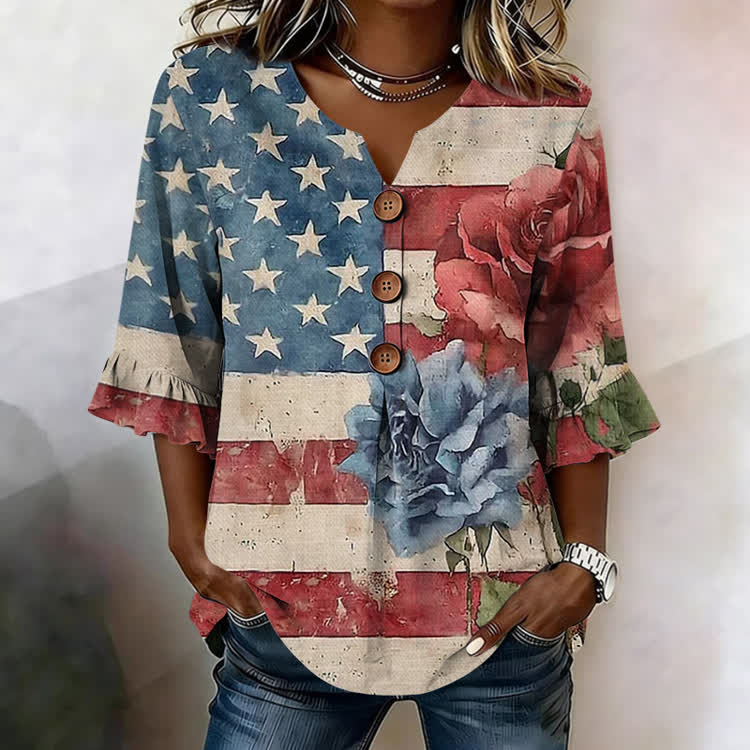 Independence Day Watercolor Flag & Rose Pattern Print Button V-Neck Blouse With Ruffle Sleeves - Apricot - US32-34(5XL) - image 1