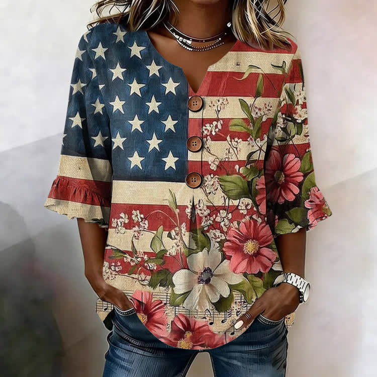 Independence Day Oil Painting Flag & Rose Pattern Print Button V-Neck Blouse With Ruffle Sleeves - Apricot - US32-34(5XL) - image 1