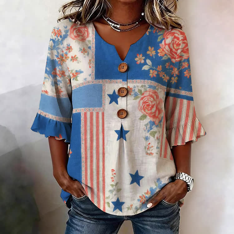 Independence Day Floral Star Patchwork Pattern Print Button V-Neck Blouse With Ruffle Sleeves - Blue - US32-34(5XL) - image 1