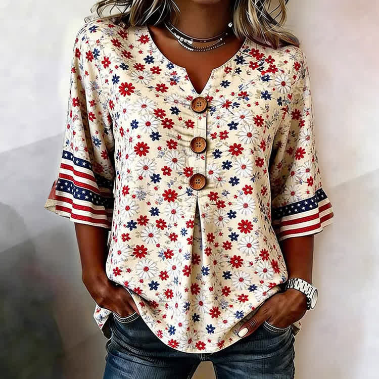 Independence Day Daisy Stripes Pattern Print Button V-Neck Blouse With Ruffle Sleeves - Apricot - US32-34(5XL) - image 1