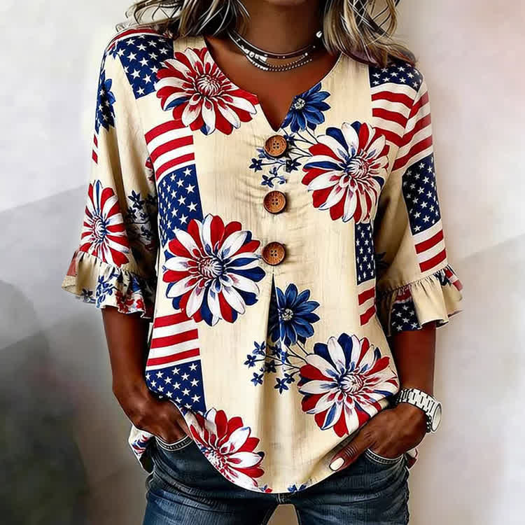 Independence Floral Usa Flag Pattern Print Button V-Neck Blouse With Ruffle Sleeves - Apricot - US32-34(5XL) - image 1