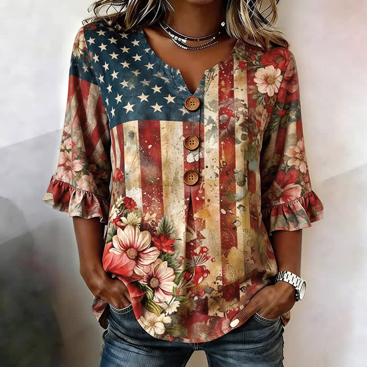 Vintage Independence Day Floral Flag Pattern Print Button V-Neck Blouse With Ruffle Sleeves - Apricot - US32-34(5XL) - image 1