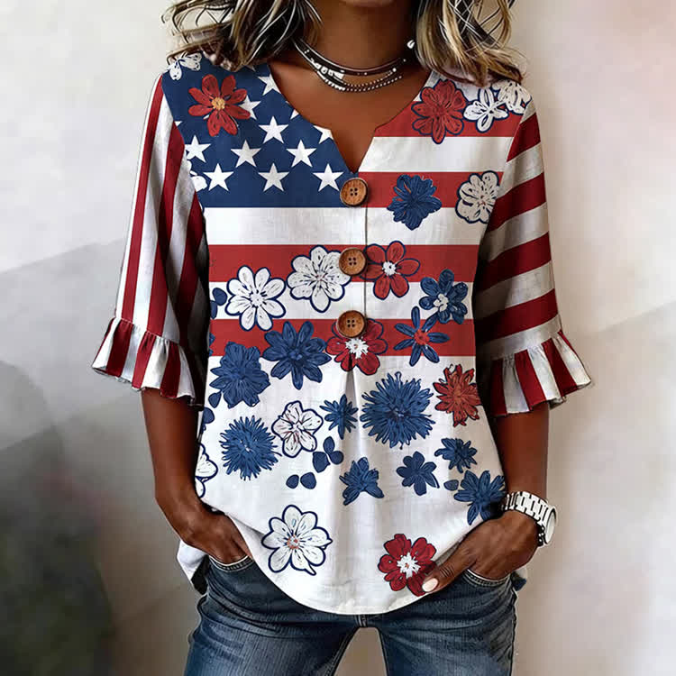 Vintage Independence Day Falling Blossoms  And Flag Pattern Print Button V-Neck Blouse With Ruffle Sleeves - White - US32-34(5XL) - image 1