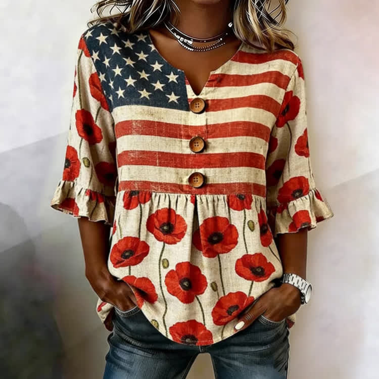 Vintage Independence Day Poppy And Flag Pattern Print Button V-Neck Blouse With Ruffle Sleeves - Apricot - US32-34(5XL) - image 1