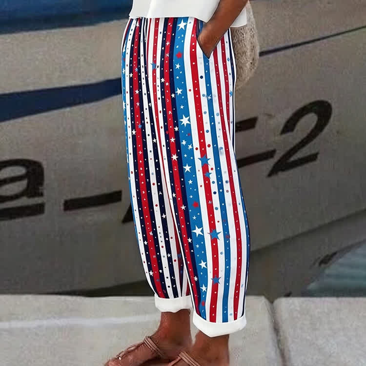 Independence Day: Scattered Stars And Stripes Pattern Print Casual Pocket Pants  - White - US 20 (5XL) - image 1