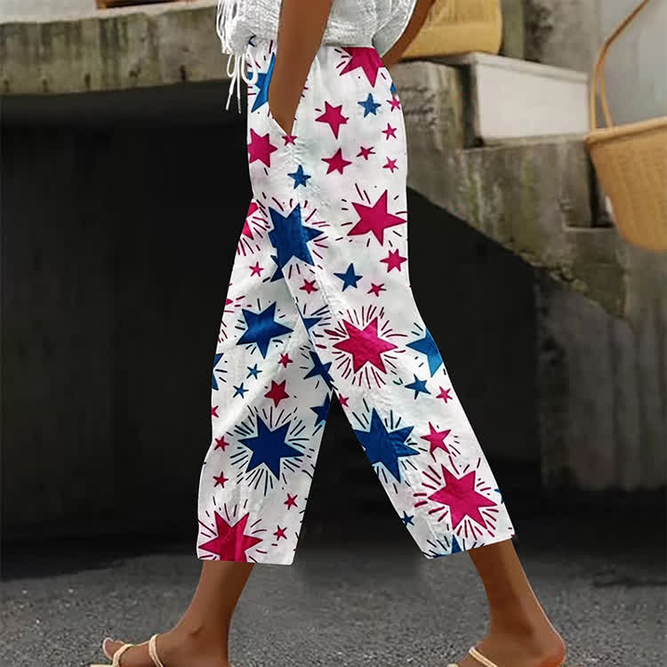 Independence Day Shining Stars Pattern Print Casual Pocket Pants  - White - US 20 (5XL) - image 1