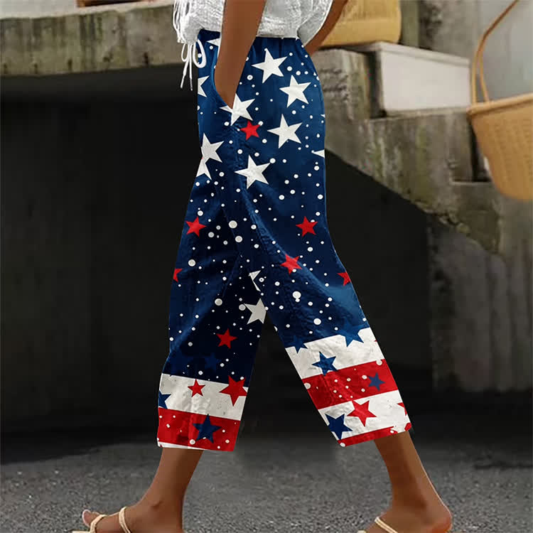 Independence Day: Shining Stars And Stripes Pattern Print Casual Pocket Pants  - Navy Blue - US 20 (5XL) - image 1