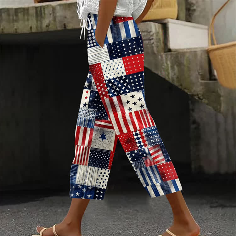 Independence Day Stars And Stripes Patchwork Pattern Print Casual Pocket Pants  - White - US 20 (5XL) - image 1