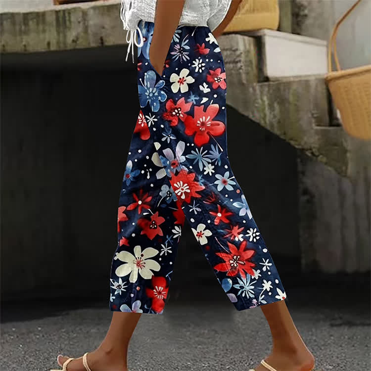 Independence Day Tricolor Flowers Pattern Print Casual Pocket Pants  - Navy Blue - US 20 (5XL) - image 1