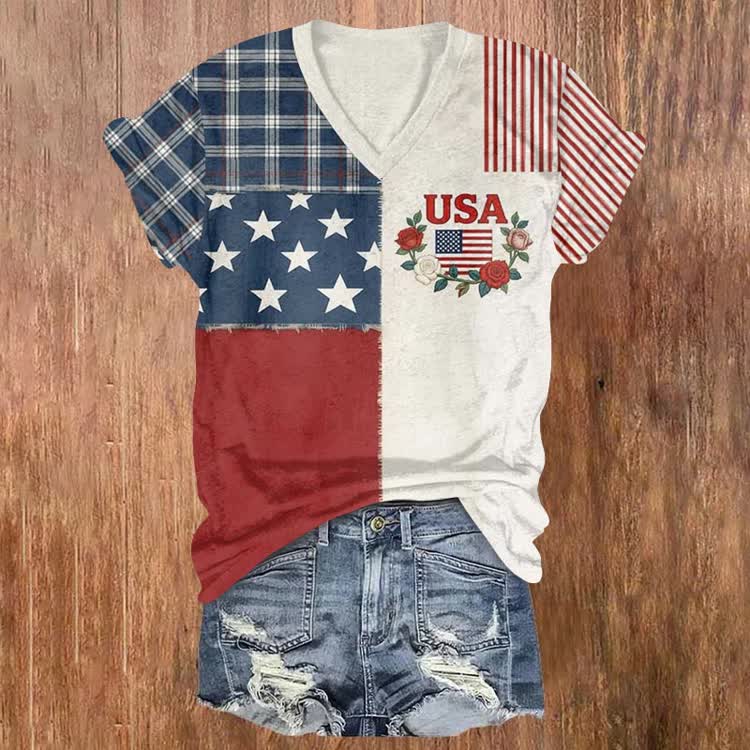 Independence Day Patchwork Icon Pattern Print Short Sleeved V-Neck T-Shirt - Apricot - US32-34(5XL) - image 1