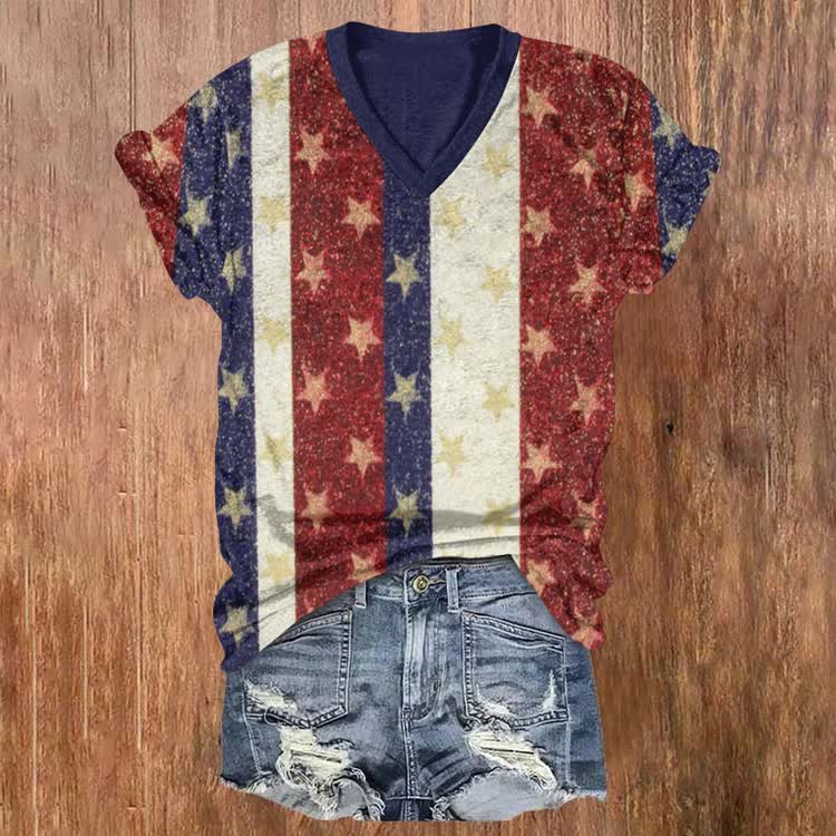 Vintage Independence Day Color-Block Stars And Stripes Pattern Print Short Sleeved V-Neck T-Shirt - Apricot - US32-34(5XL) - image 1