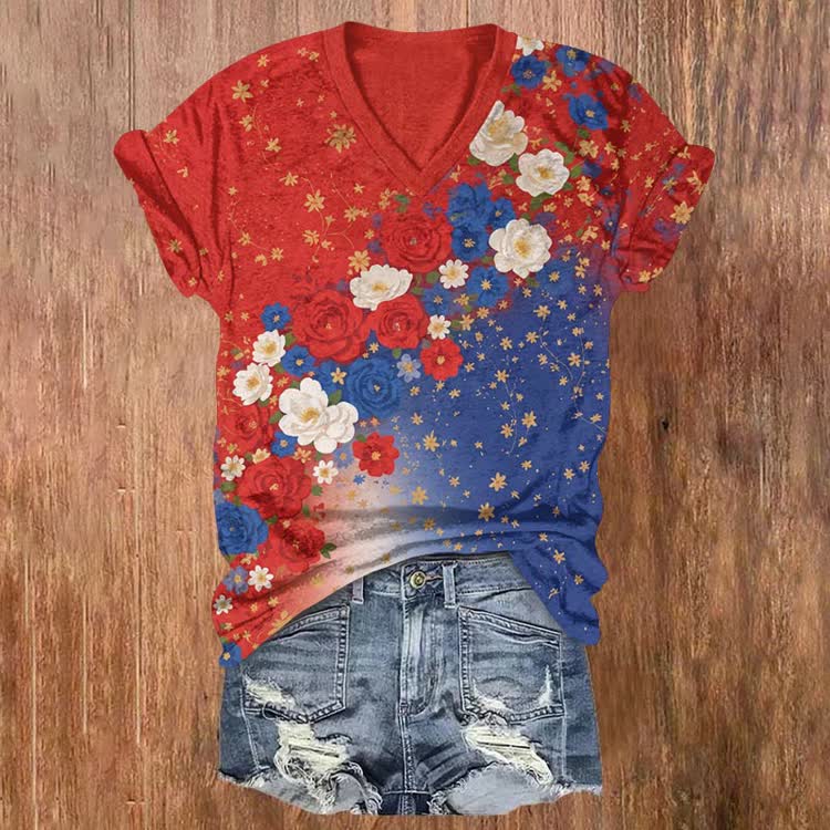 Vintage Independence Day Gradient Florals Pattern Print Short Sleeved V-Neck T-Shirt - Blue - US32-34(5XL) - image 1