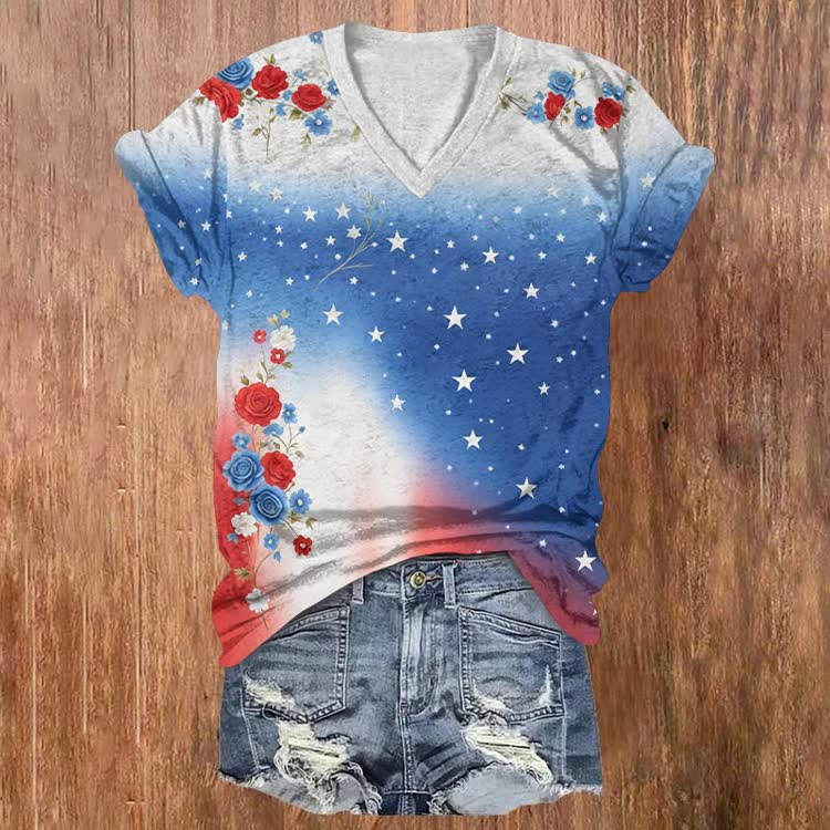 Independence Day Gradient Stars Florals Pattern Print Short Sleeved V-Neck T-Shirt - Blue - US32-34(5XL) - image 1