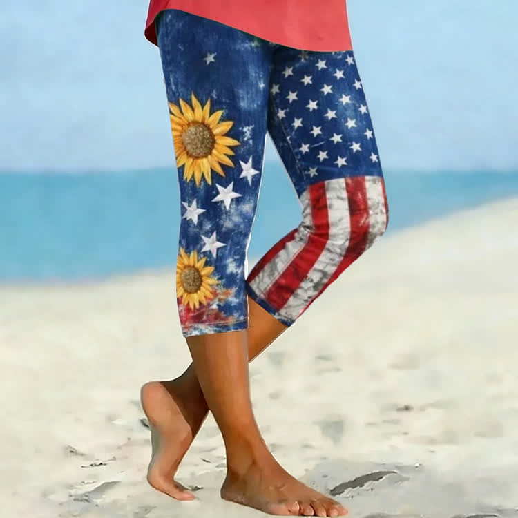 Independence Day Usa Flag And Sunflowers Print Leggings - Blue - US 22 (5XL) - image 1