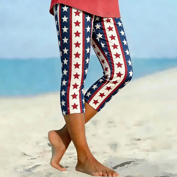 Independence Day Tri-color Stars And Stripes Print Leggings - Apricot - US 22 (5XL) - image 1
