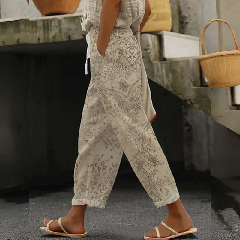 Vintage Floral Art Print Casual Pocket Pants - Khaki - US 20 (5XL) - image 1