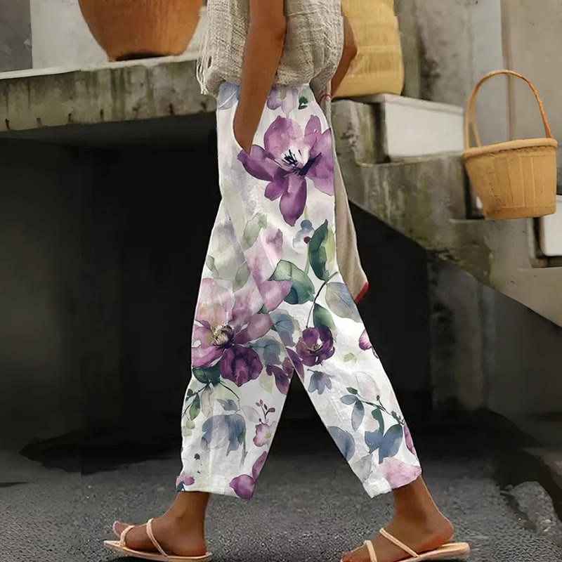 Watercolor Purple Floral Art Print Casual Pocket Pants - White - US 20 (5XL) - image 1
